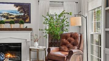 Älytelevisio, takka, kirjoja, työhuone