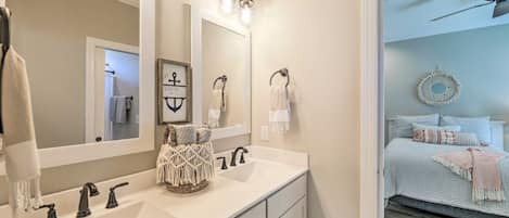 Hair dryer, towels, soap, toilet paper