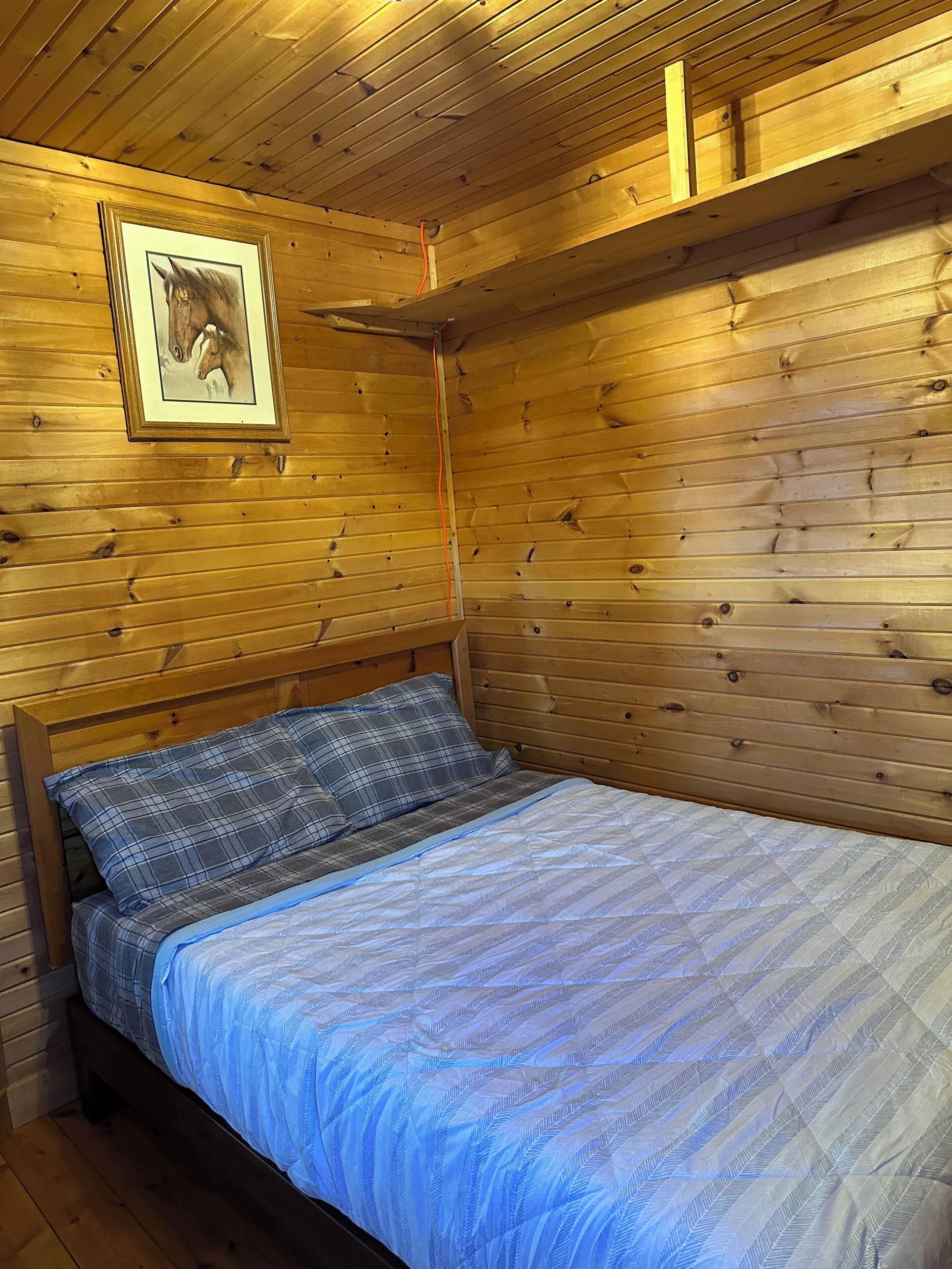 A wooden cabin room with a bed, a headboard, a framed picture on the wall, and wooden paneling.
