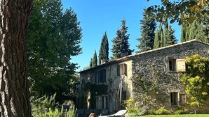 A stone building with a grassy yard, a tree, and a dog. - The House in Provence (BONNIEUX)