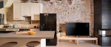 Fridge, stovetop, cookware/dishes/utensils