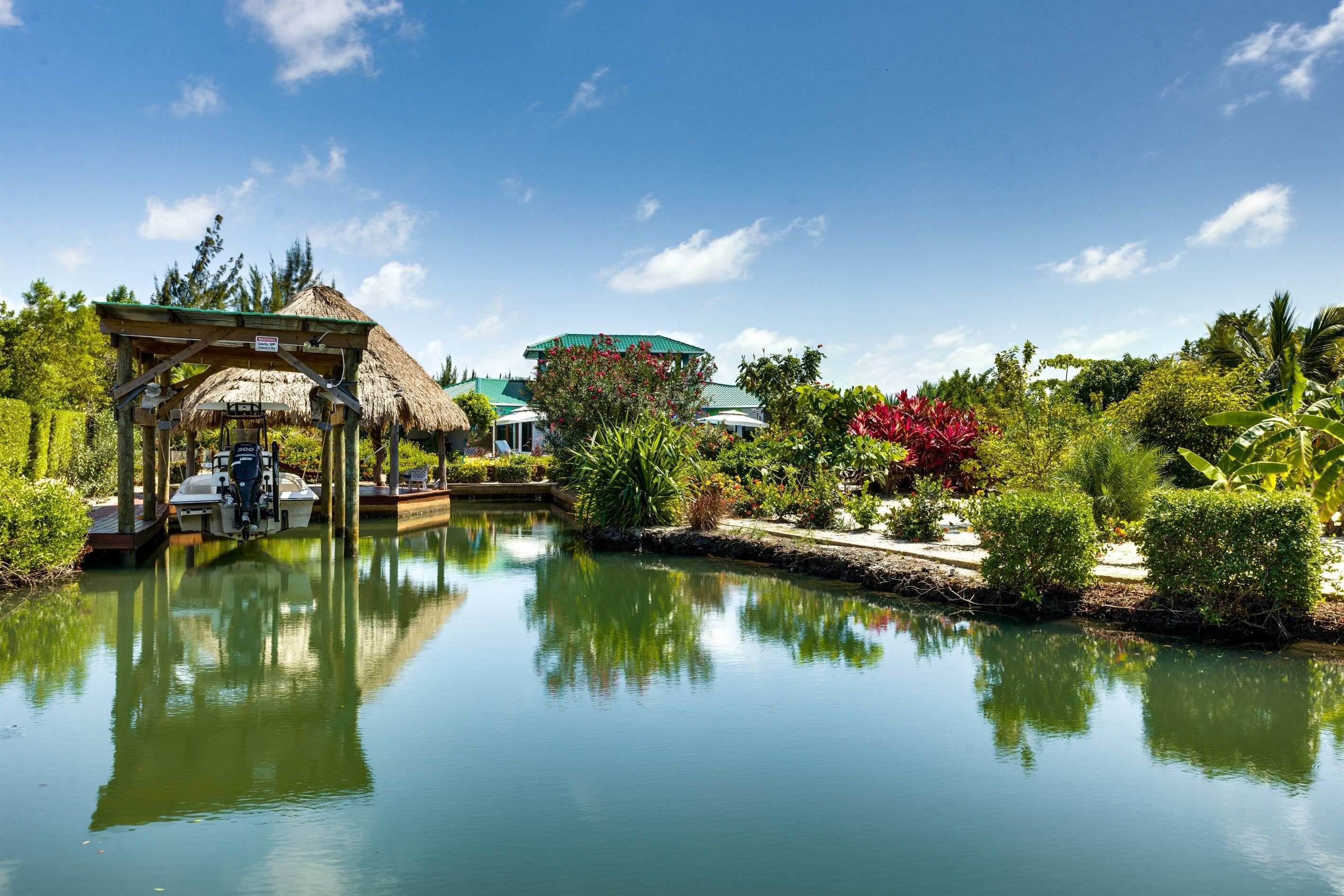 A tranquil garden with a pond, a gazebo, and a thatched-roof structure.