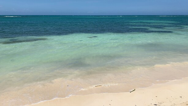 A beach with clear turquoise water and sandy shore.
