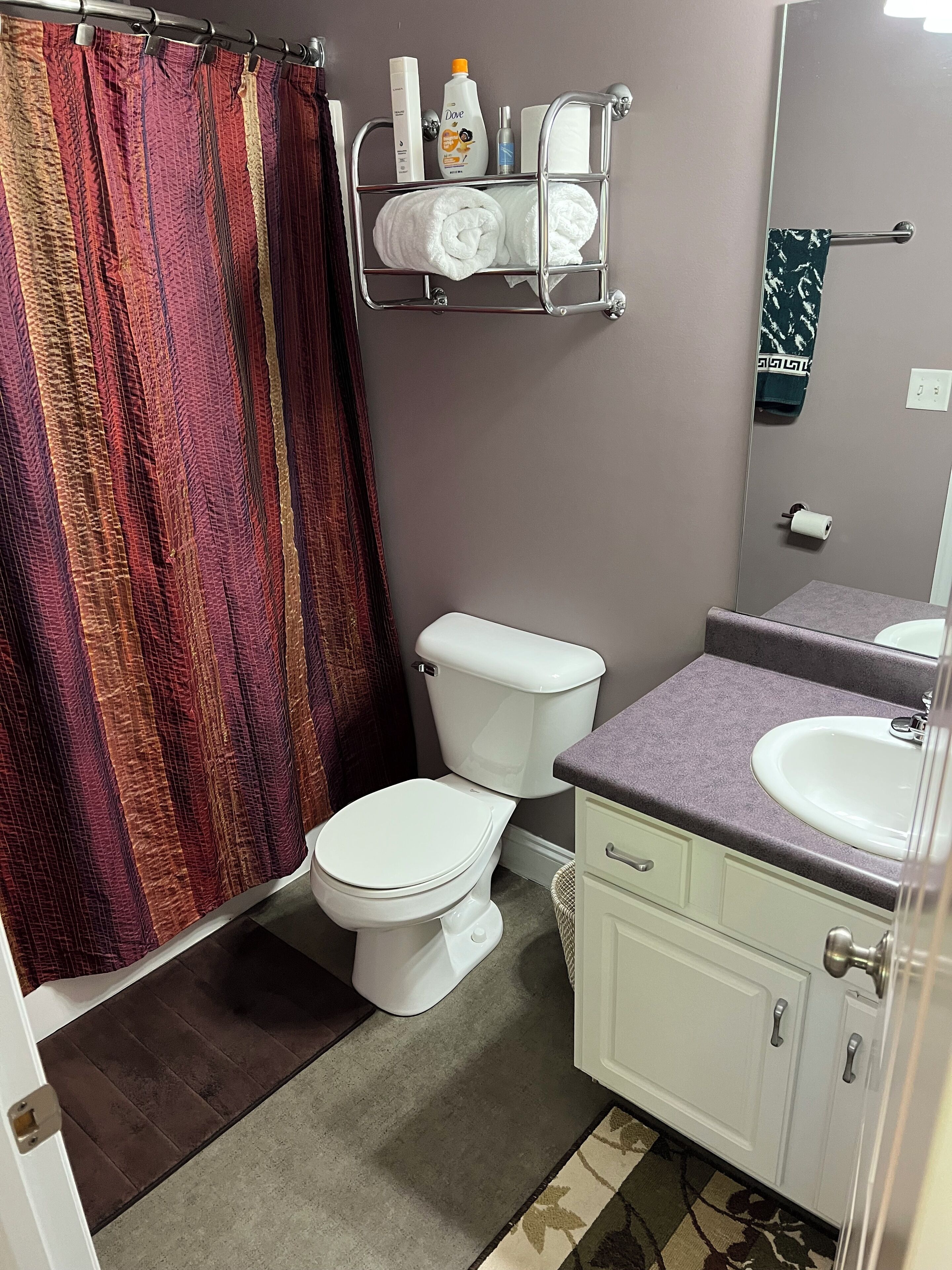 Shower, jetted bath, hair dryer, towels