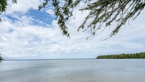 A calm body of water with a distant shoreline, surrounded by trees and a partly cloudy sky.