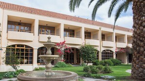 Un edificio con un patio, una fuente y una palmera.