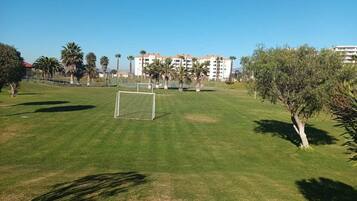 A well-maintained grassy field with a soccer goal, surrounded by palm trees and residential buildings in the background.