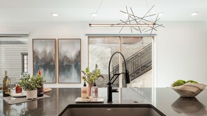 Une cuisine moderne avec un grand évier, des plantes en pot et des œuvres d’art encadrées accrochées au mur.