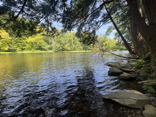 A calm river with rocks and trees.