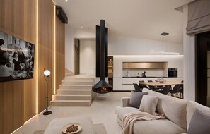 TV, fireplace, table football