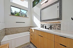 Hair dryer, bidet, towels, soap