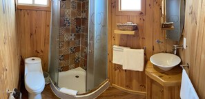 Une salle de bain en bois avec une douche, des toilettes et un lavabo.