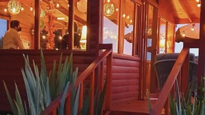Una cabaña de madera con una escalera que lleva a una terraza, rodeada de plantas grandes.