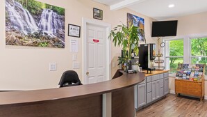 Un área de recepción con un mostrador de madera, un cuadro grande con una cascada, un certificado en la pared, una puerta privada, una planta, una máquina de café y una ventana con vistas a árboles.
