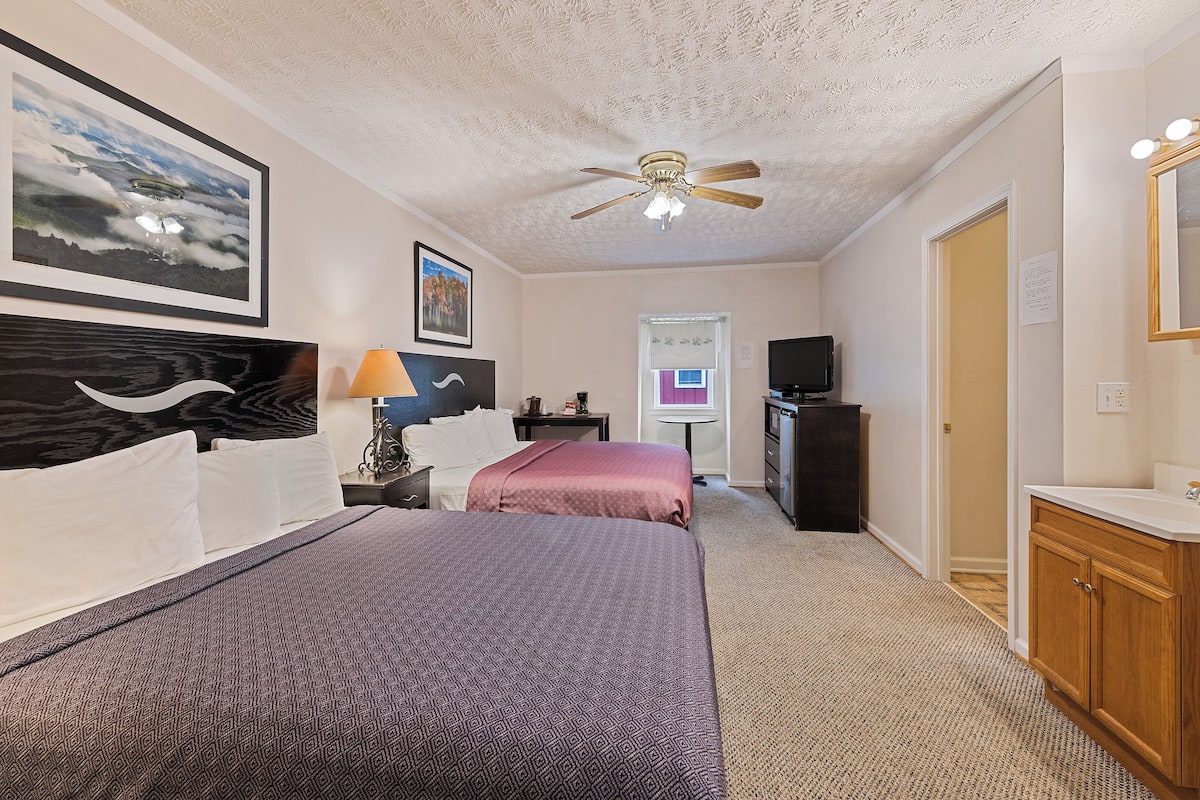 A hotel room with two beds, a ceiling fan, a TV, a desk, and a window with a view.