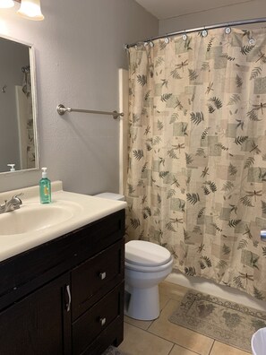 Hair dryer, towels, soap, shampoo