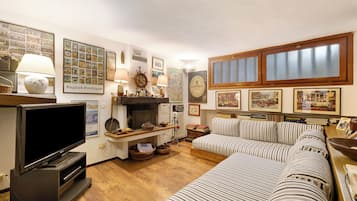 Télévision, cheminée, table de tennis de table