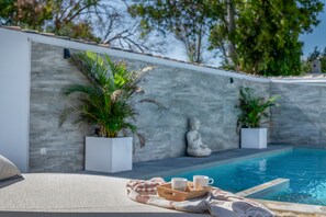 Zona de piscina con una silla de descanso, una bandeja con vasos y plantas en macetas.