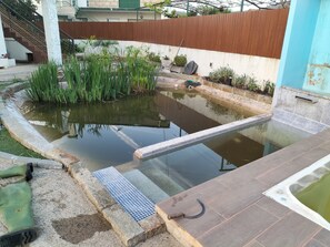 Une piscine dotée d’une terrasse carrelée, entourée de plantes et d’une clôture en bois.