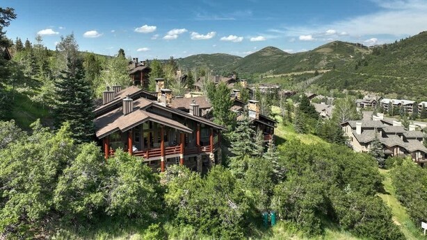 A lodge with a prominent chimney, surrounded by dense forest and multiple buildings.