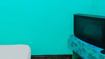 Una habitación con pared verde azulado, un televisor sobre un mueble estampado con motivos florales y una cama blanca.