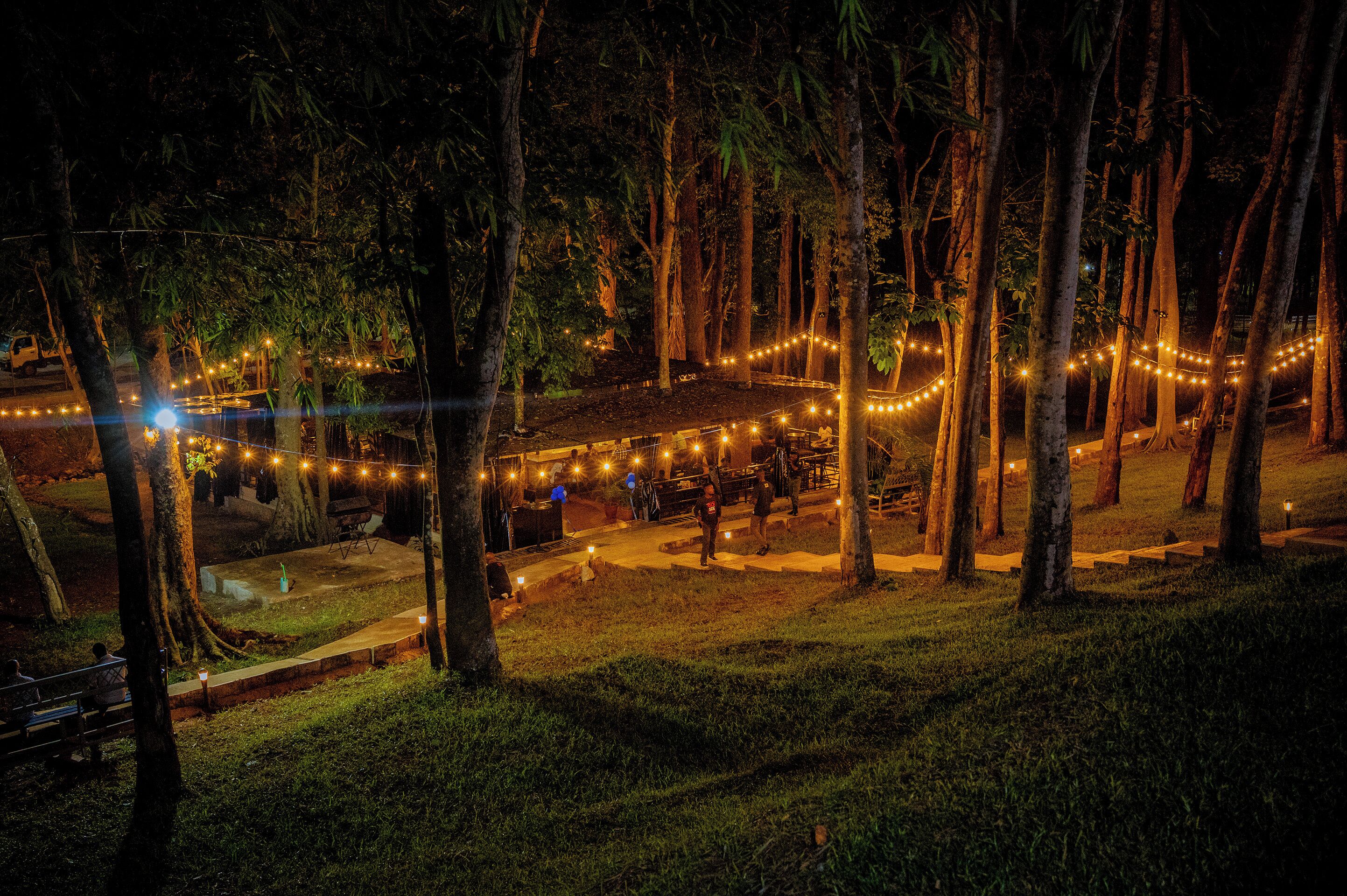 A nighttime outdoor area with string lights, trees, and a small gathering of people.