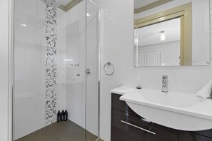 Shower, hair dryer, towels, shampoo