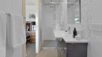 Shower, hair dryer, towels