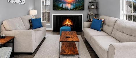 Smart TV, fireplace, offices, computer monitors