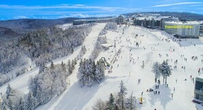 An expansive ski resort with a large ski area, an Expedition Station, and a backdrop of snow-covered trees and distant hills.