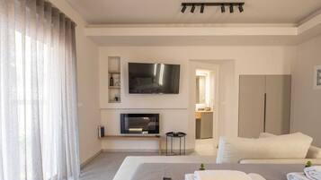 Smart TV, chimenea y libros