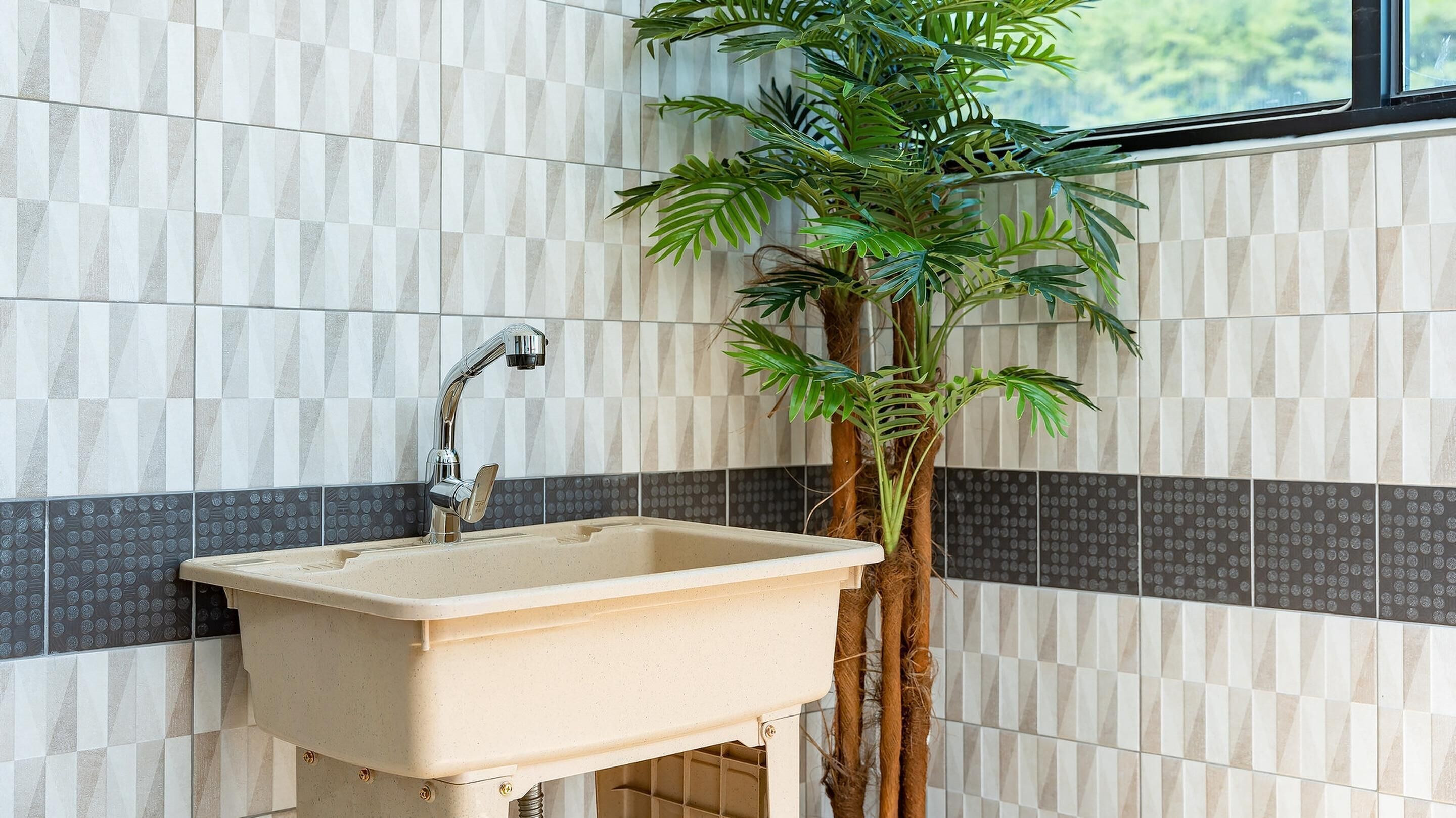 A bathroom with a sink, a mirror, and a potted plant.