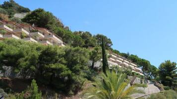 Una zona residencial en una ladera con edificios modernos de varios pisos, abundante vegetación y un cielo azul despejado.