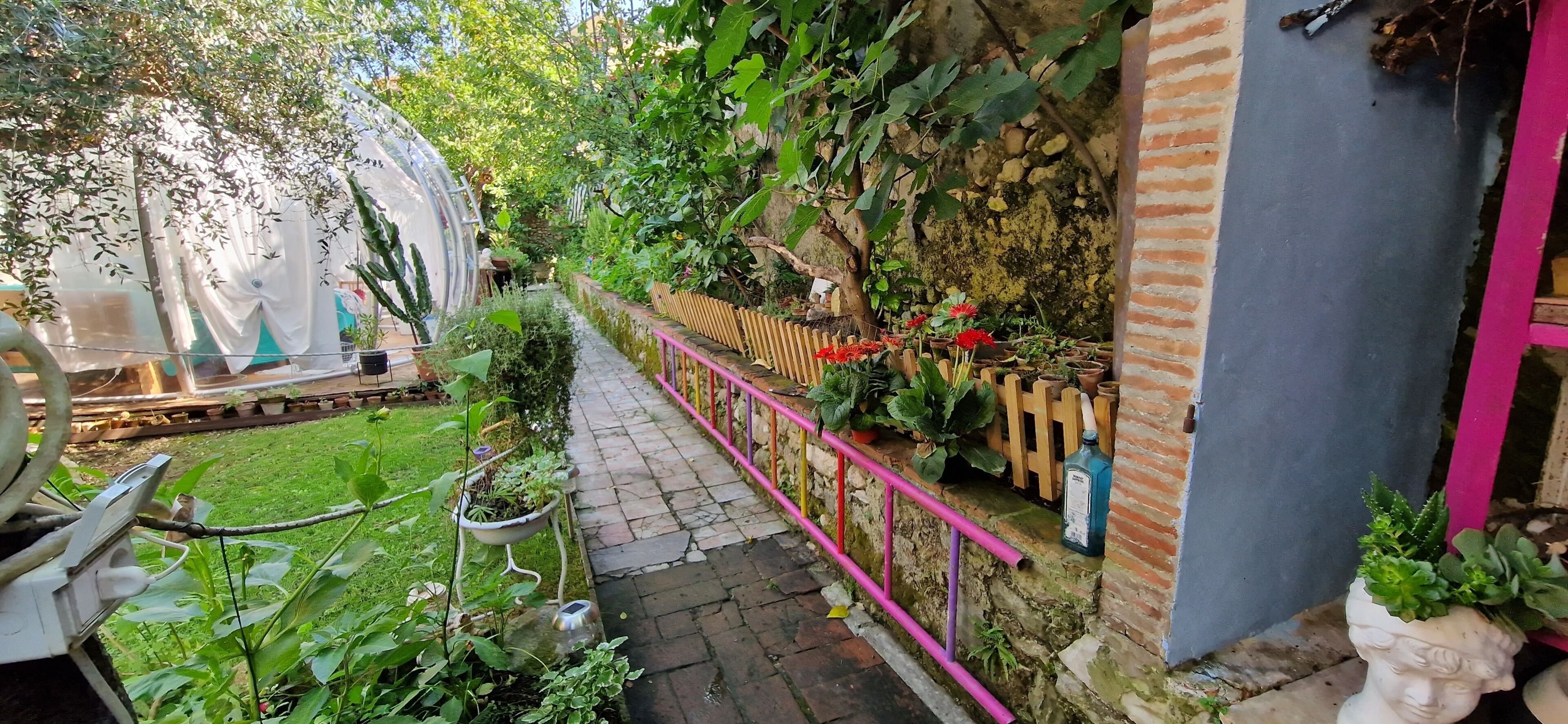 En trädgårdstig med planterade blommor i krukor, ett rosa räcke och en mur av tegelsten.