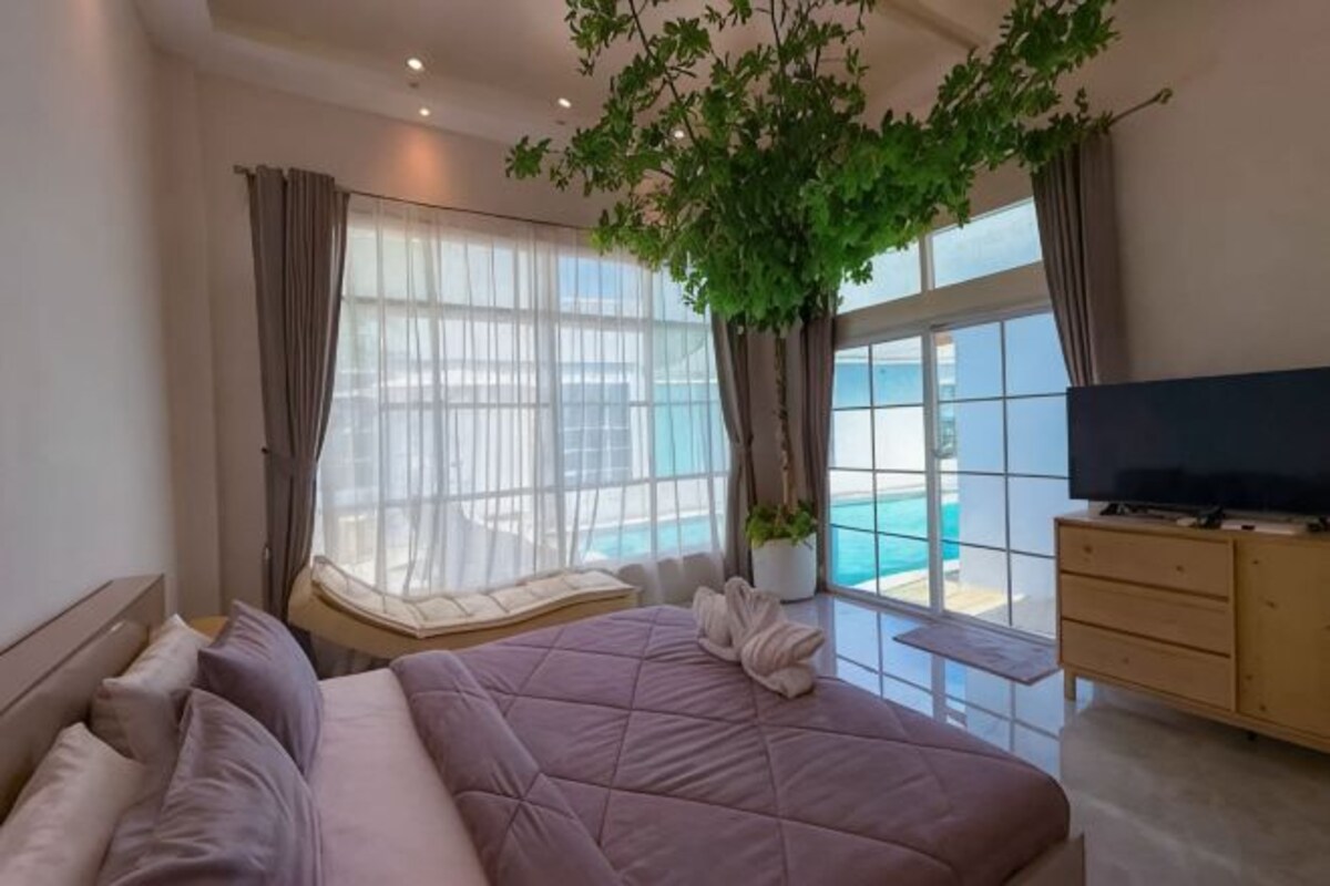 A bedroom with a bed, a television, a window with curtains, and a plant.