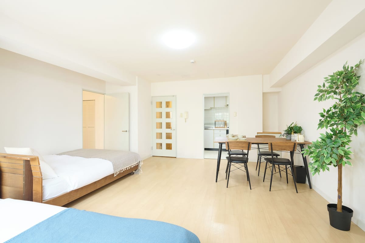 A compact room with a bed, a dining table with chairs, a small kitchen area, and a potted plant.