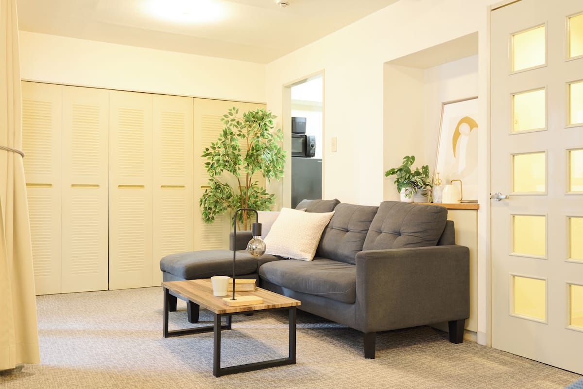 A living room with a grey sofa, a wooden coffee table, a plant, and a door with frosted glass panels.