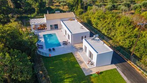Ein modernes Haus mit Schwimmbad, Terrasse und umzäunter Garten.