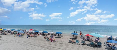 On the beach, sun loungers