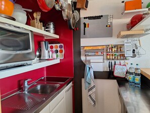 Compact kitchen with modern design, stainless steel sink, microwave, and range hood, equipped with various utensils and cookware.