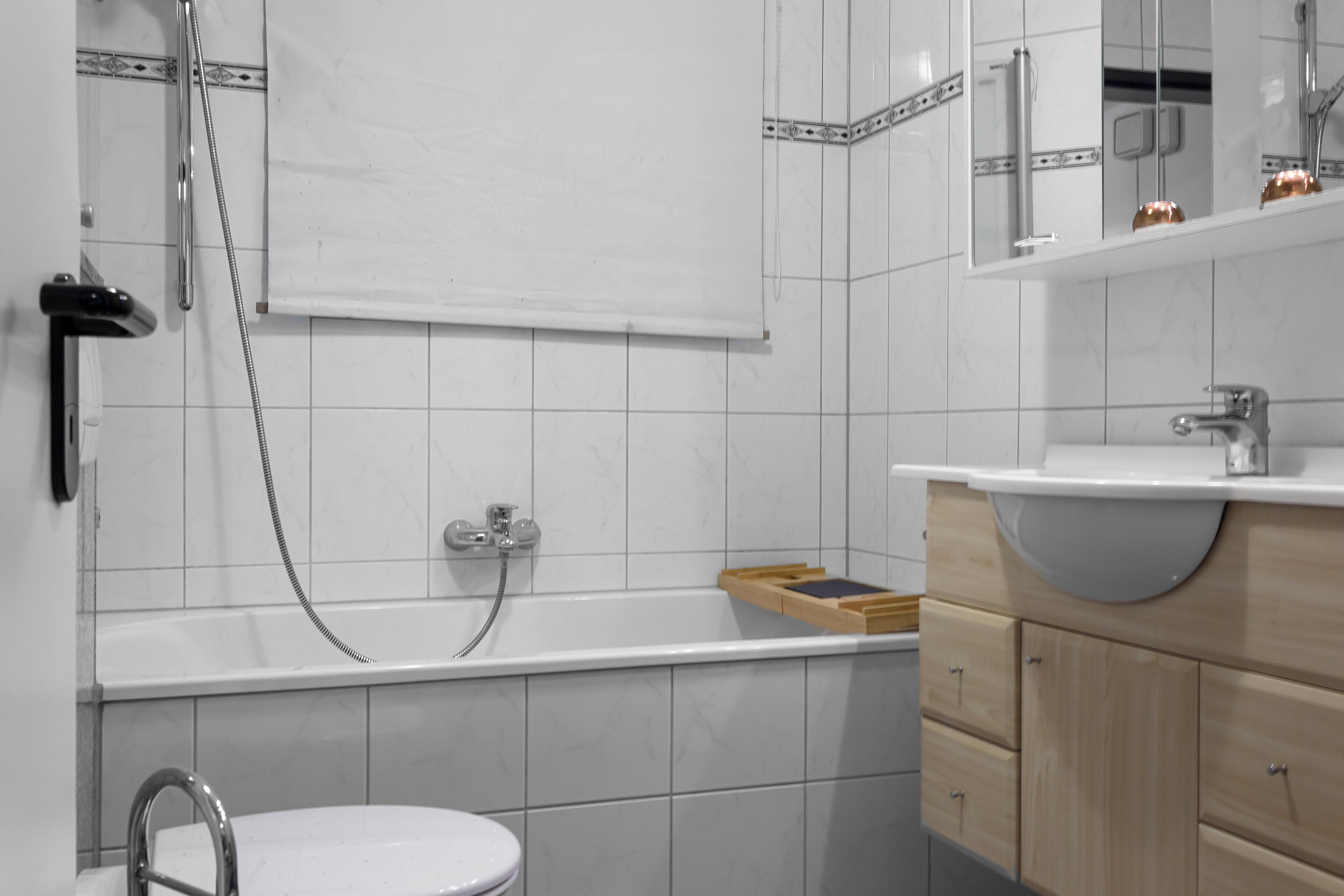 Hair dryer, towels, soap, shampoo