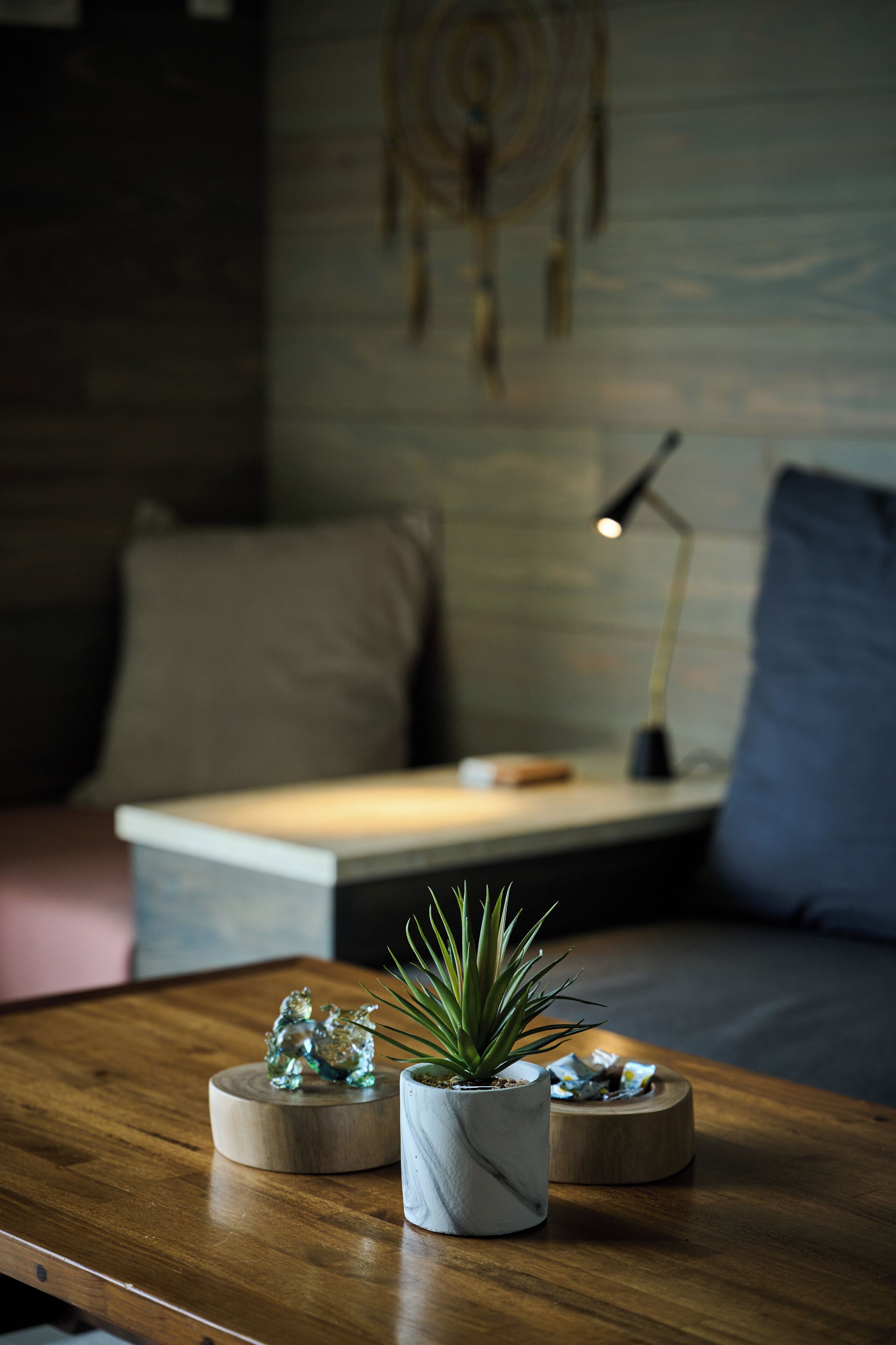 Une table en bois, ornée d’une plante en pot et d’objets décoratifs.