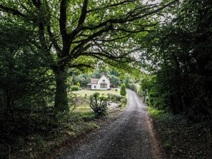 A rural road leading to a white house surrounded by dense greenery. - Grove Cottage (Leominster)