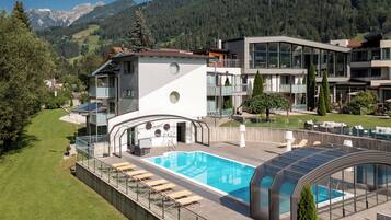Outdoor pool, pool umbrellas, pool loungers