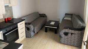 Un espace de vie compact comprenant un coin cuisine, deux canapés, une petite table et un climatiseur fixé au mur.
