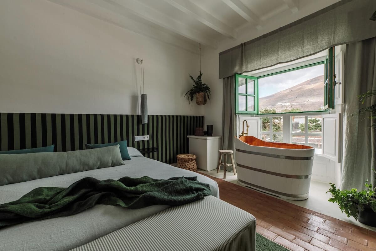 Un dormitorio con una cama grande, una planta colgante, una bañera y vistas a la montaña.