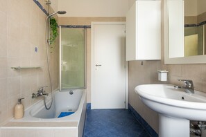 Bathtub, bidet, towels, soap