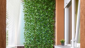 Een klein balkon met een tafel en stoelen, een groene plantenwand en een raam met jaloezieën.