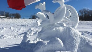 A snow sculpture of a reindeer with antlers. - Distinctive 5-room inn, located a few steps from the river to discover the multi (SAINT JEAN PORT JOLI)