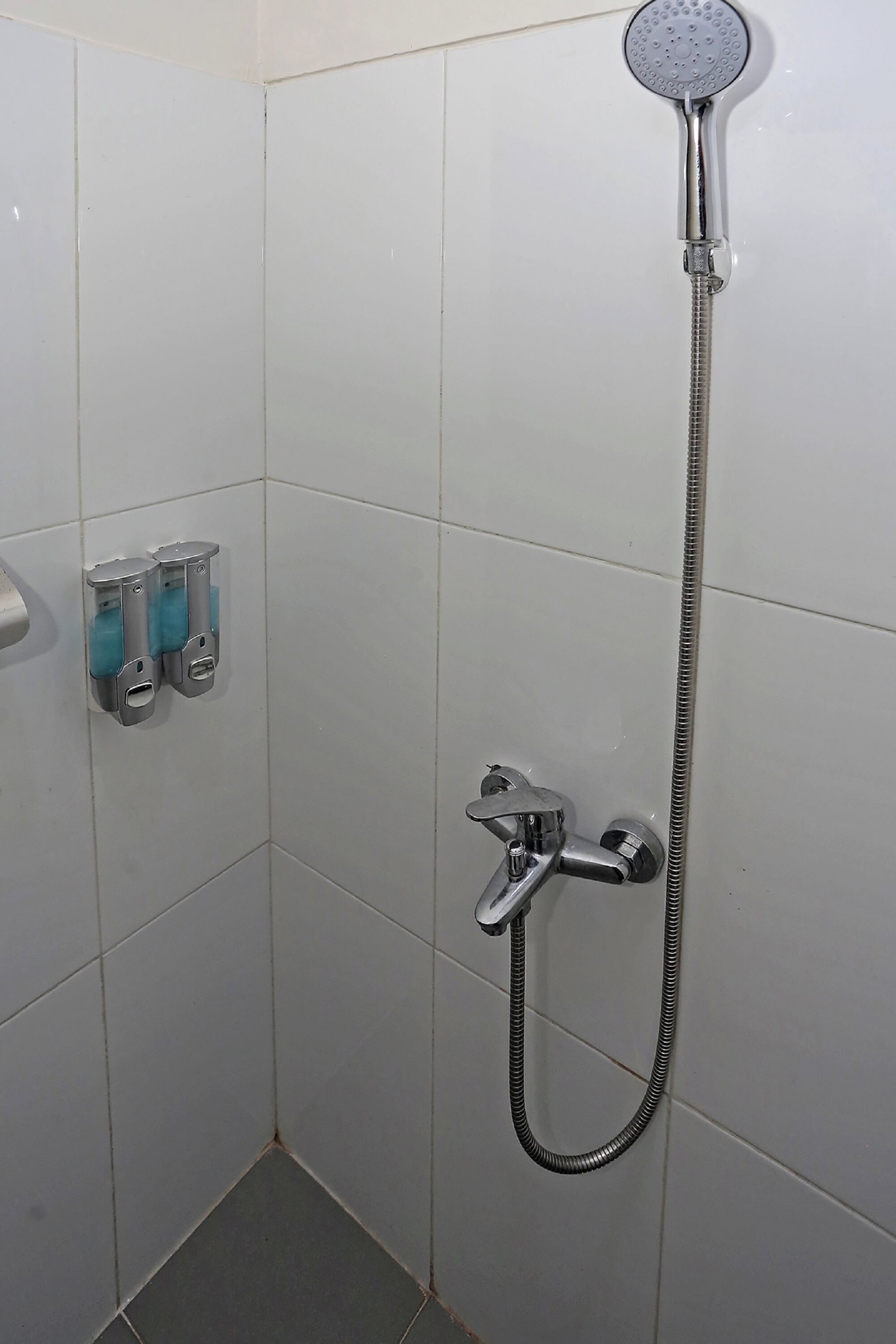 Een douchegedeelte met een handdouche en een kraan op de muur.